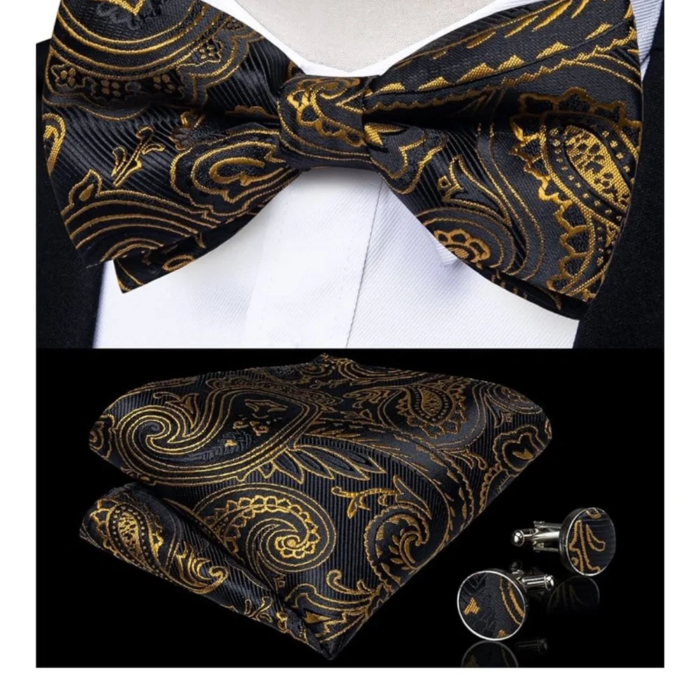 YOHOWA Mens Black Gold Paisley Bow Tie Pocket Square CufflinksSet Formal Wedding